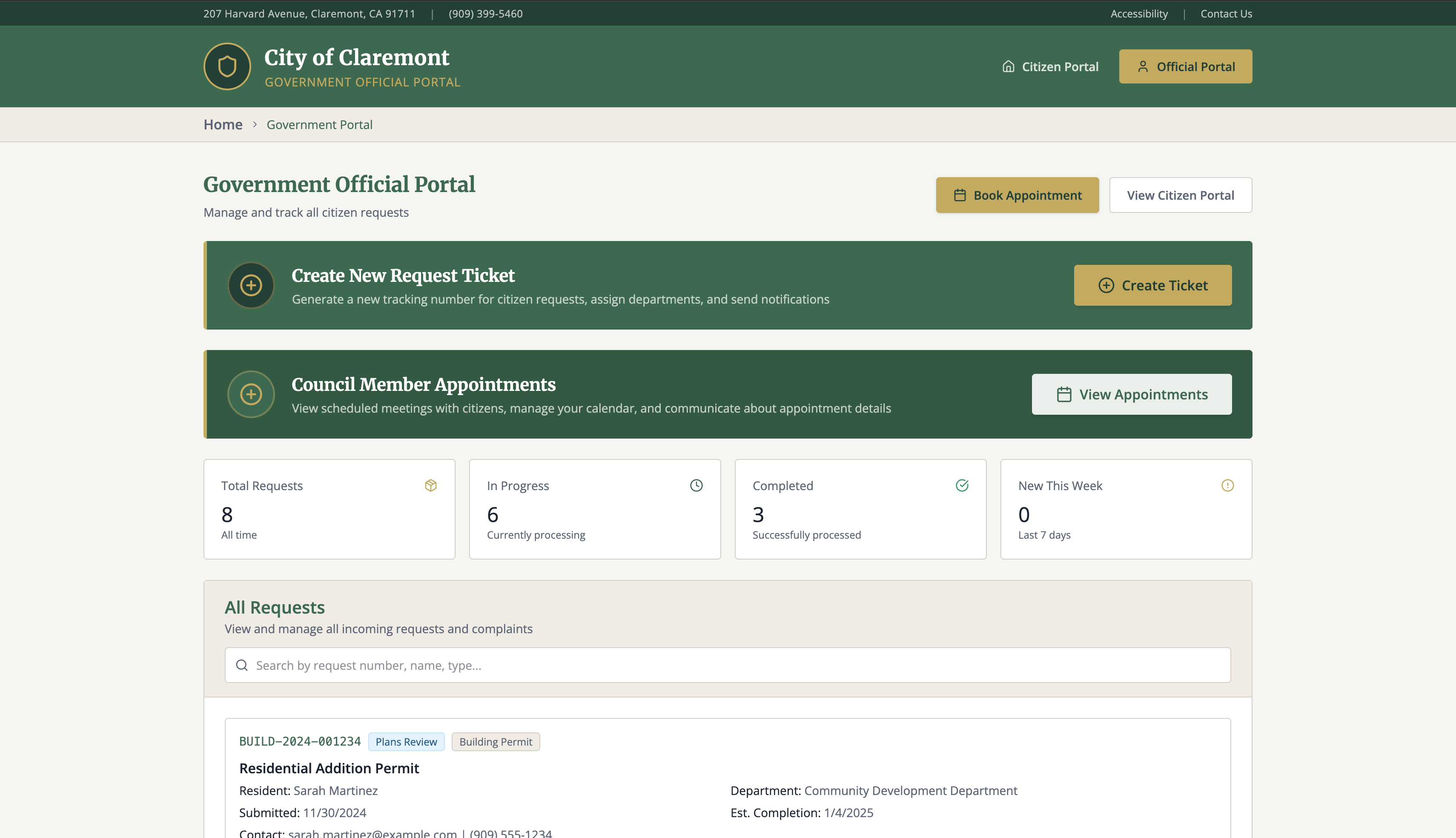 Government Portal — staff manage tickets and appointments